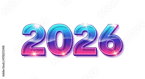 The year 2026 in futuristic, glossy, metallic style with vibrant colors