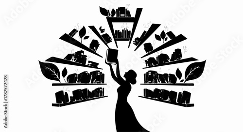 Silhouette of a woman reaching for a book on a tree-shaped bookshelf, symbolizing knowledge and growth.