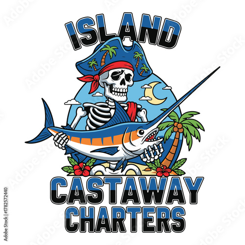 Pirate skeleton with marlin and palm tree on tropical island for island castaway charters