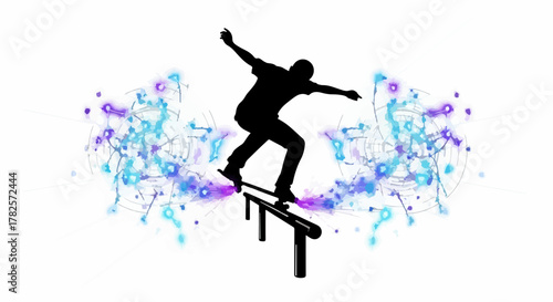 Dynamic silhouette of a skateboarder grinding on a rail with futuristic glowing patterns