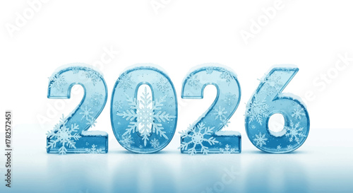 The year 2026 represented by icy, frosted numbers with snowflakes
