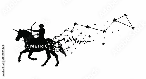 Silhouette of archer on unicorn, merging with a constellation and sound waves.