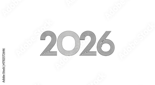 Minimalist and modern design the year 2026 created with bold, parallel lines forming the numerals, isolated on clean, representing structure, precision, and contemporary outlook for the future