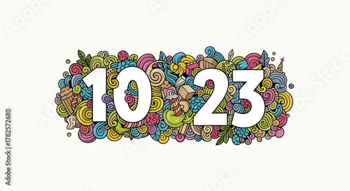 Colorful and whimsical the numbers 10 and 23, composed various doodles, shapes, and natural elements like leaves and flowers, set against plain