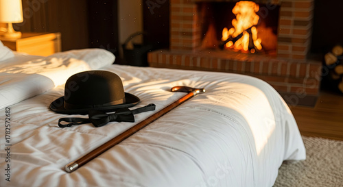 Gentleman's attire: bowler hat, bow tie, and elegant cane on a pristine white bed. The cozy fireplace background creates an atmosphere of luxury and anticipation.