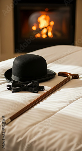 Gentleman's attire: bowler hat, bow tie, and elegant cane on a pristine white bed. The cozy fireplace background creates an atmosphere of luxury and anticipation.