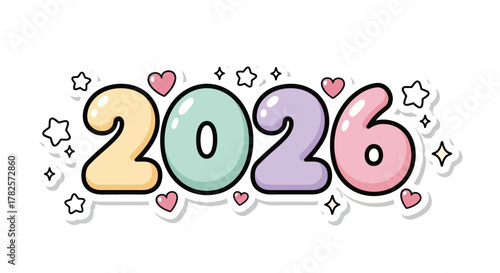 The year 2026 depicted in cute, pastel cartoon style with stars and hearts