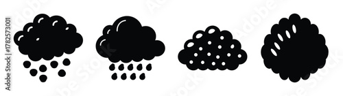 Four weather icons representing hail snow rain and a storm cloud with precipitation