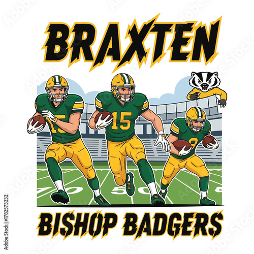 Three american football players in uniform with helmets and pads running on a field with team name braxten bishop badgers