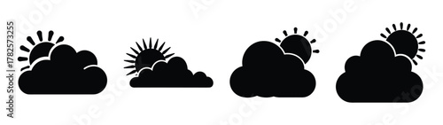 Set of four black icons representing sunny periods with clouds for weather forecast climate prediction