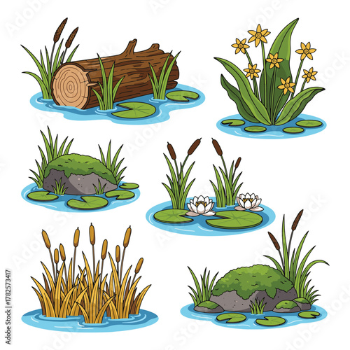 Collection of wetland ecosystem elements including cattails lily pads rocks and fallen logs in water