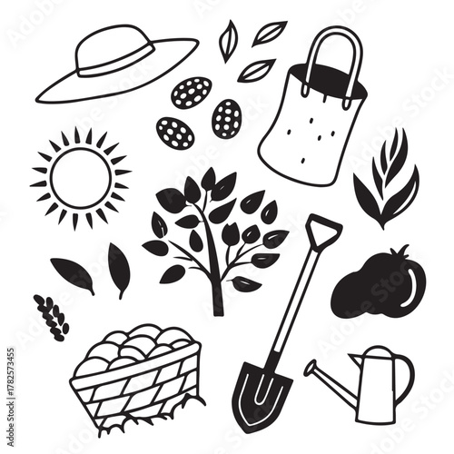 Hand drawn garden elements featuring a basket shovel and watering can