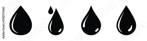 Set of four black droplet icons reflecting water and purity symbolism