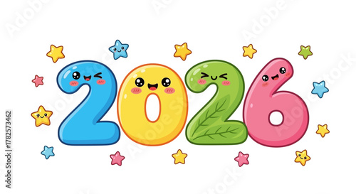 Cute cartoon numbers 2026 with happy faces and stars, in bright colors