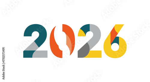 The year 2026 depicted with modern, abstract, geometric design using colorful blocks and shapes