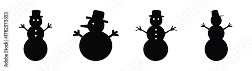Four black snowman silhouettes wearing hats with stick arms and button details