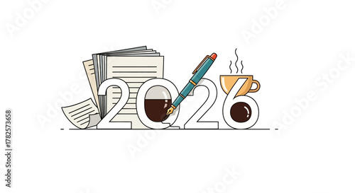 The year 2026 represented by numbers with fountain pen, ink, stack papers, and cup coffee