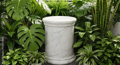 Classic white marble pedestal with decorative molding surrounded by lush green plants