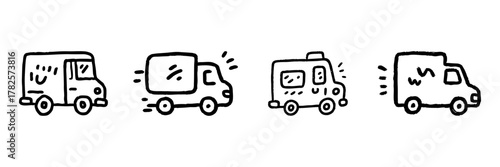 Delivery Trucks Line Icon Set In Doodle Style. Transportation, Logistics, And Shipping Vehicles Outline Sketch Collection. Hand Drawn Isolated Vector Illustration