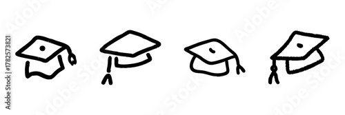 Graduation Cap Line Icon Set In Doodle Style. Academic Achievement And Education Symbol Outline Sketch Collection. Scholarly Success And Learning Milestone. Hand Drawn Isolated Vector Illustration
