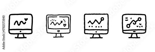 Computer Monitor With Graphs And Heart Icons In Doodle Style. Data Analysis, Performance Tracking, And User Engagement Outline Sketch Collection. Hand Drawn Isolated Vector Illustration