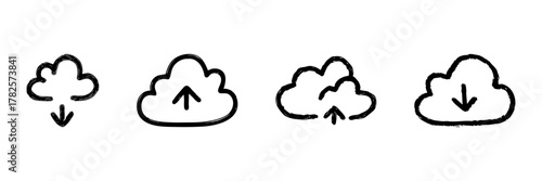 Cloud Upload And Download Line Icon Set In Doodle Style. Data Transfer, Cloud Storage, And File Sharing Outline Sketch Collection. Hand Drawn Isolated Vector Illustration