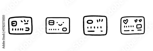 Credit Card Line Icon Set In Doodle Style. Financial Transactions, Payment Methods, And Banking Outline Sketch Collection. Hand Drawn Isolated Vector Illustration