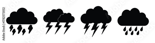 Diverse thunderstorm icons showing rain and lightning strikes dramatic storm elements