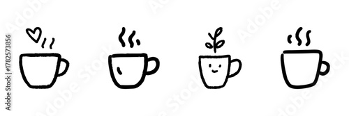 Four Coffee Cup Line Icons In Doodle Style. Warm Beverage, Love, And Nature Connection Outline Sketch Collection. Cozy And Relaxing Vibes. Hand Drawn Isolated Vector Illustration