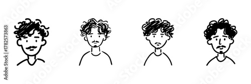 Four Male Faces With Different Hairstyles Line Icon Set In Doodle Style. Diverse Male Hairstyles And Facial Hair Variations Outline Sketch Collection. Hand Drawn Isolated Vector Illustration