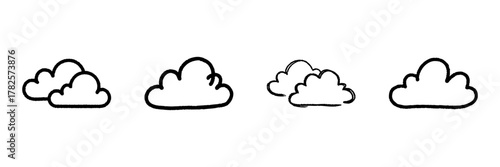 Cloud Line Icon Set In Doodle Style. Weather Forecasting And Atmospheric Conditions Outline Sketch Collection. Hand Drawn Isolated Vector Illustration