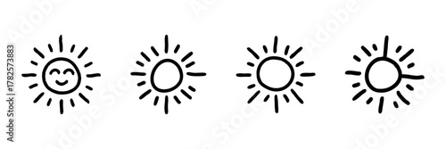 Sun Icons Line Set In Doodle Style. Weather Symbols And Sunshine Emoticons Outline Sketch Collection. Hand Drawn Isolated Vector Illustration