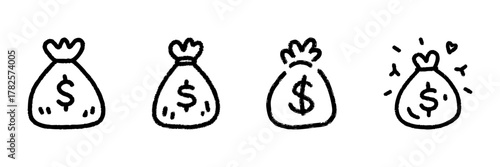 Money Bag Line Icon Set In Doodle Style. Financial Savings, Wealth Accumulation, And Economic Prosperity Outline Sketch Collection. Hand Drawn Isolated Vector Illustration