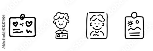 Id Card And Profile Line Icon Set In Doodle Style. Personal Identification, Profile Picture, And Document Representation Outline Sketch Collection. Hand Drawn Isolated Vector Illustration