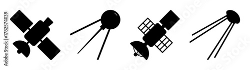 Collection of black satellite icons in different designs for space technology and communication themes
