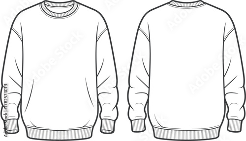Blank sweatshirt front and back flat sketch, unisex crewneck pullover template, casual winter clothing fashion vector design for apparel mockup illustration