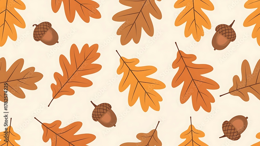 Fototapeta premium Autumn leaves and acorns seamless pattern on white background