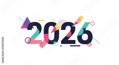 The year 2026 in bold dark blue text with abstract colorful geometric shapes and lines