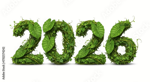 The year 2026 represented by lush green foliage and leaves, symbolizing growth and nature