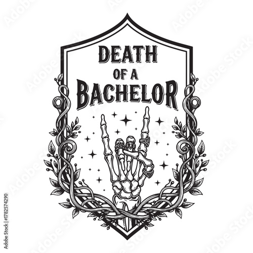 Skeleton hand giving rock and roll gesture inside a shield with death of a bachelor text and laurel wreath