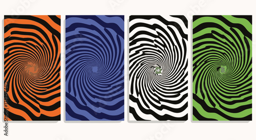 Set of four vibrant, high-contrast vertical poster backgrounds featuring bold, hypnotic vector swirl and spiral optical illusion patterns with distorted wavy lines in orange, blue, black, white, and g