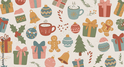Seamless vector pattern of hand-drawn Christmas and holiday elements, including gingerbread men, festive ornaments, gift boxes, hot cocoa mugs, bells, and candy canes, in a charming vintage, muted col