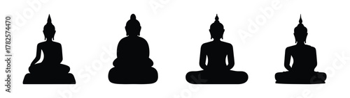 Four black silhouette buddha statues sitting in meditation poses on white