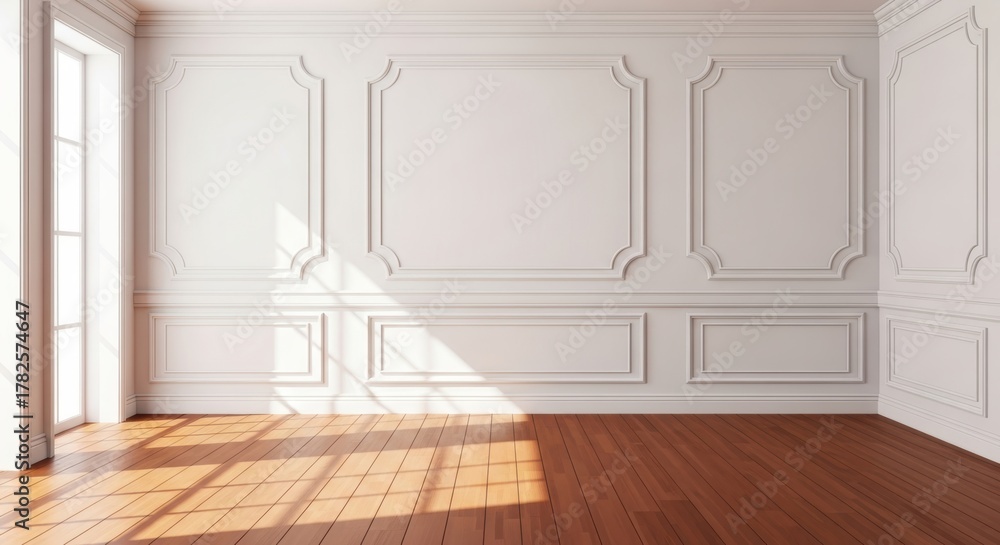 Fototapeta premium Timeless Elegance: Empty Room with Classic Wall Paneling and Sunlight on Hardwood Floors
