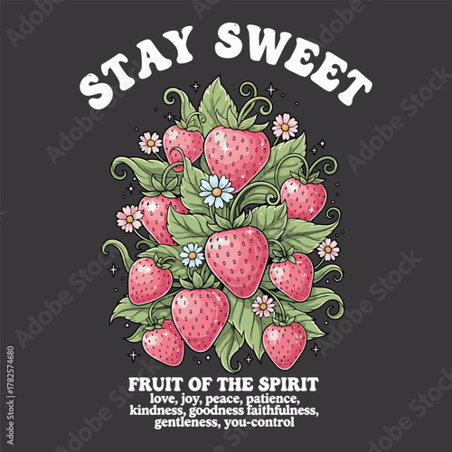 Vibrant watercolor illustration of ripe strawberries with the inspirational phrase stay sweet and fruit of the spirit