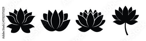 Four black lotus flower silhouettes with textured outlines representing spiritual growth and tranquility