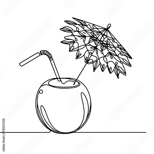 Coconut with straw and snowflake-shaped umbrella Warm Christmas — Outline / Minimal Linear Vector