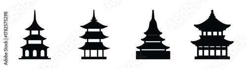 Collection of four stylized black pagoda silhouettes traditional east asian architectural designs