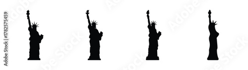 Four silhouette statues of liberty appear in a row as iconic symbols of freedom