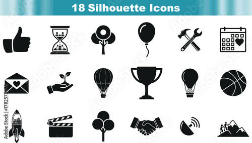 Collection of 18 diverse silhouette icons representing business and leisure activities